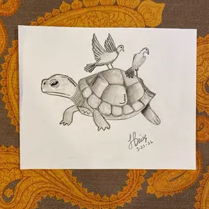 Ride 8 x 10 Charcoal Turtle Art Print with Birds on Shell Design