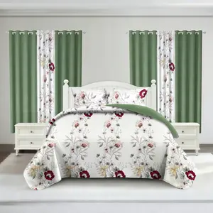 Christmas Green Floral Room In A Bag 9 Piece Bedspread Set Reversible Ultra Soft Cotton Like Microfiber With Bamboo Microfiber Fade Resistant Digital Print Includes Bedspread Pillowcases Curtains Unique Bedding Sets Fall Christmas Decor