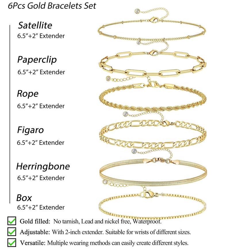 6Pcs Waterproof Gold Bracelets Set for Women Trendy,Fashion Stackable Tennis Beaded Figaro Herringbone Paperclip Link Bracelet Pack Stack Gifts for Women
