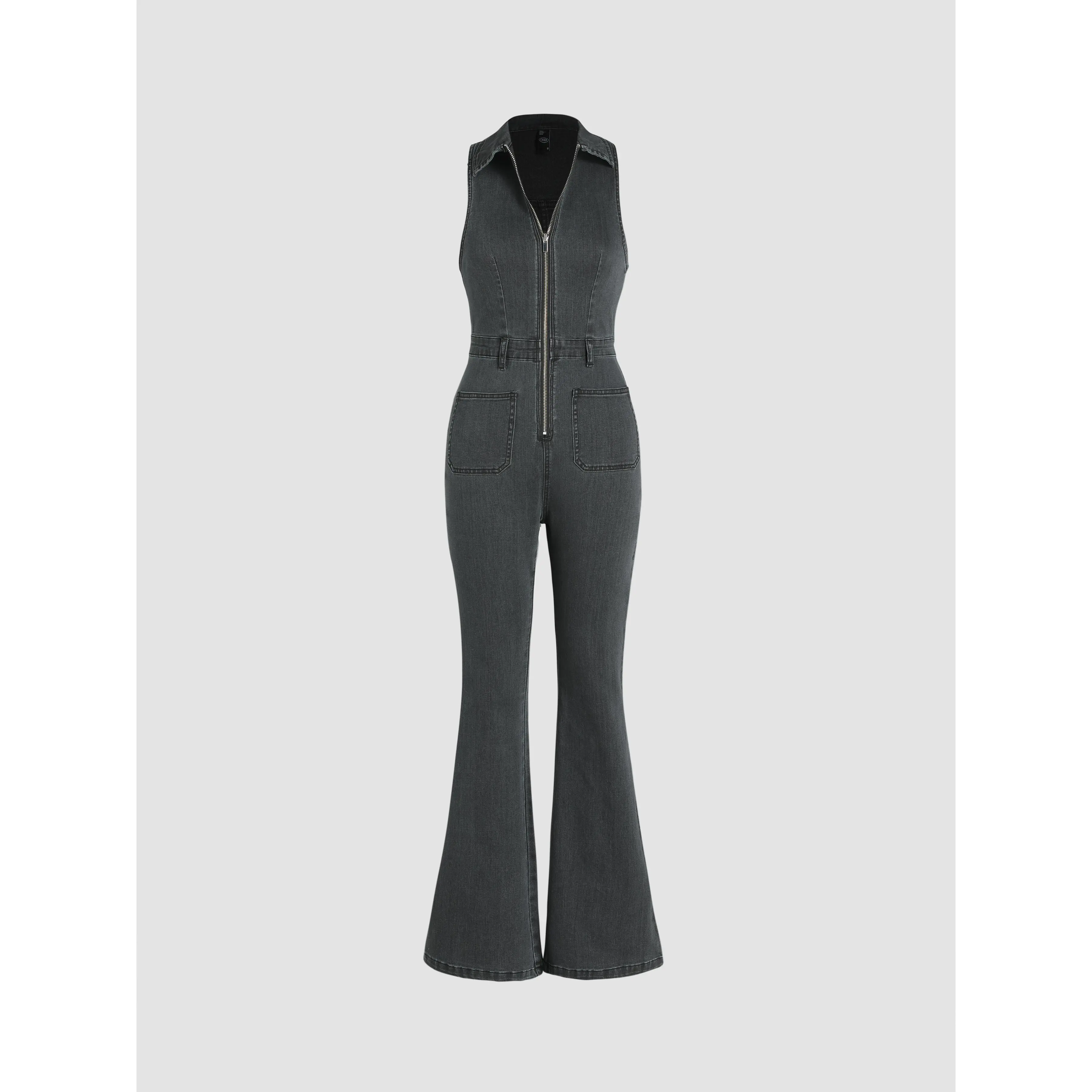 Cider Women's Fitted Casual High-Waisted Longsleeves Flare Leg Denim Jumpsuit - Full-Length, Contrast Point Collar, Elastane Fabric