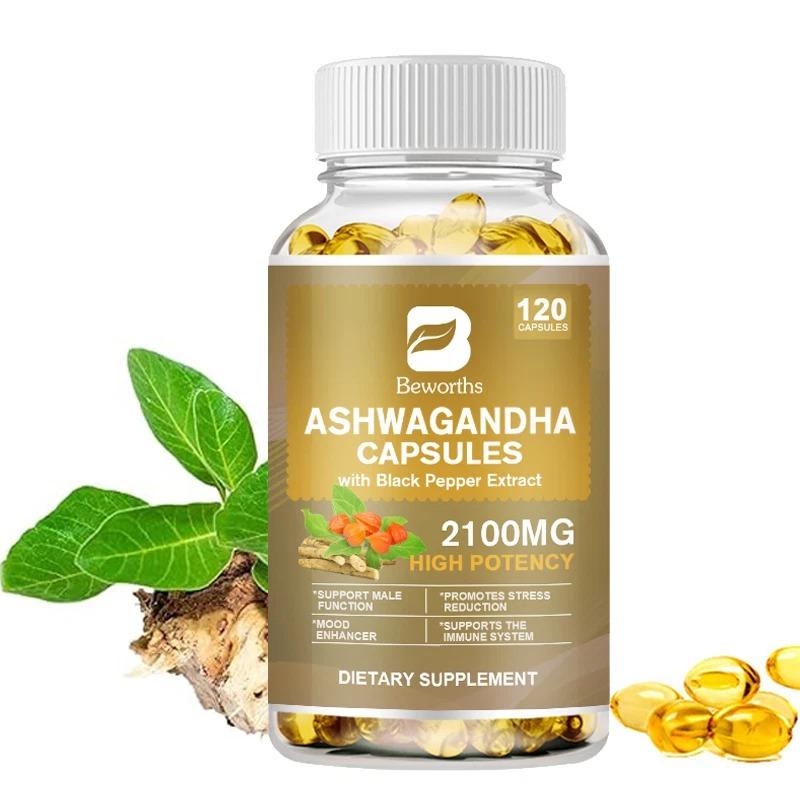 Beworths Ashwagandha Extract 2100MG 120 Softgels with Black Pepper for Stress & Mood Support High Potency Dietary Supplement