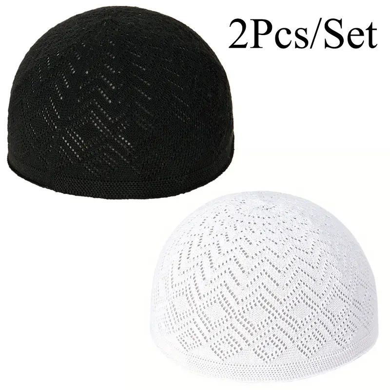 2pcs/Set Men'S Muslim Kufi Cap, Breathable Knitted Polyester Prayer Hat, Lightweight Middle Eastern Arab Traditional Headwear, Adjustable ggle Closure, Machine Washable, Ramadan Celebration