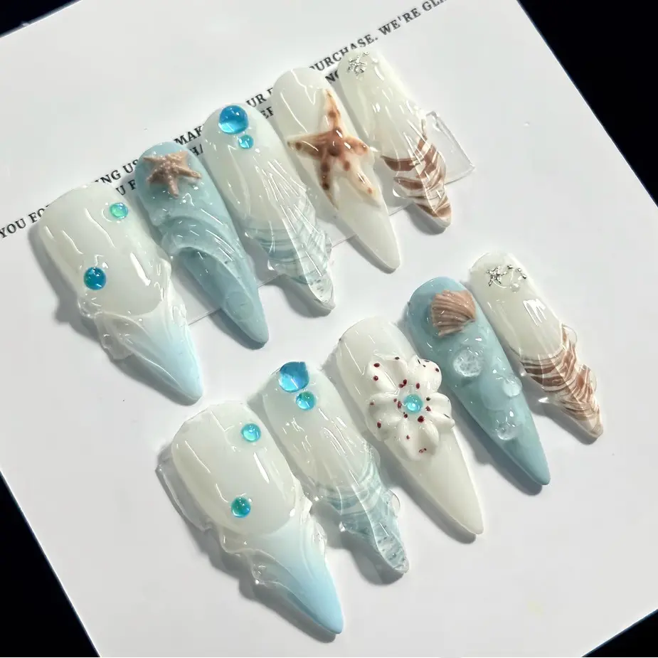 Beach Shell Summer Press on Nails Medium Almond/Handmade Press on Nail/Ocean Inspired Press on Nail/Lux Press on Nails/Acrylic Vacation Nails