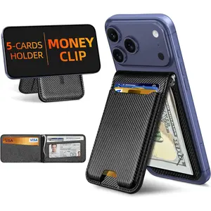 For Magsafe Wallet with  Clip,   Wallet for  17/16/15/14/13/12 Series, Adjustable Stand, ID Window, 5 Card Holder, Vegan Leather, Not for 13/12 Mini, Black Carbon Fiber