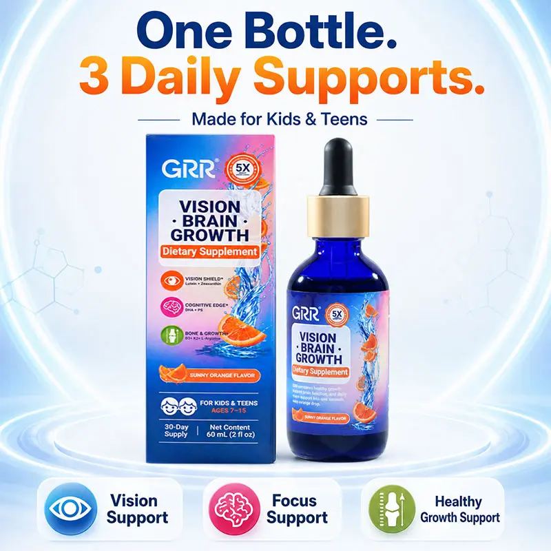 Kids 3-in-1 Daily Drops for Vision, Brain & Healthy Growth Support GRR Kids Daily Liquid Supplement with Lutein DHA D3 K2