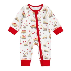 Valentines St. Patrick Day Baby Girl Boy Heart Trucks Print Pajamas Sleepwear Ruffled Long Sleeve Romper Zipper Jumpsuit Onesie Bodysuit Outfit