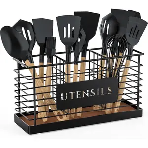 Utensil Holder for Kitchen Counter Large Black Metal Cooking Utensil Organizer 3 Compartments for Countertop Kitchen Tool Spatula Holder Wood Base