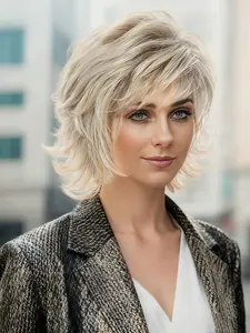 Women's Gradient Golden Wig, 10 Inch Short Loose Curly Layered Bangs, Side Part Synthetic Hair, Pre Styled Wig, Natural Look No Glue, Ideal for Daily & Party Holiday wigs, Christmas decorating wigs Use