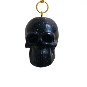 Midnight Green Galaxy Skull Keychain – Handmade Resin Gold color chain