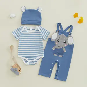 Baby Summer Clothes Stripe Short Sleeve Romper with Elephant Embroidery Overall Pants and Hat 3 Pcs Set