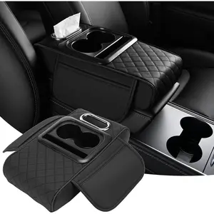 Multifunctional Leather Heightened 5 in 1 Car Center Console Armrest Cushion with 2 Cup Holders Phone Holder Tissue Holder Storage Bag for Most Cars Black