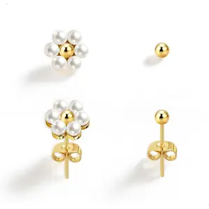 IMBOS Pearl Earrings 14k Gold Plated Daisy Flower Stud Earrings for Women Ball Stud Flat Back Earring Hypoallergenic Statement Earring Trendy Jewelry Gift for Women