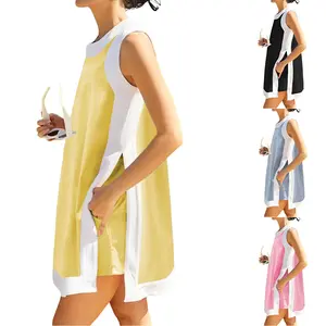 Naeduo Women's 2 Piece Sets Casual Color Block Crewneck Short Sleeve Pullover Tops Matching Shorts with Pockets