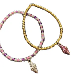 Seashell Summer Bracelets - Pink and Gold Beaded Bracelets with Conch Shell Charms for Summer Fashion