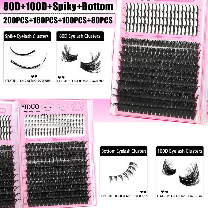 6 Styles Lash Cluster Kit, Spike/Bottom/80D/100D/200D/300D Volume Lashes, 980 Pcs 5–20 mm D-Curl Cluster Eyelash Extension Kit with Lash Bond and Seal (2 Bottles), Remover, Tweezers and Brush for Easy DIY at Home
