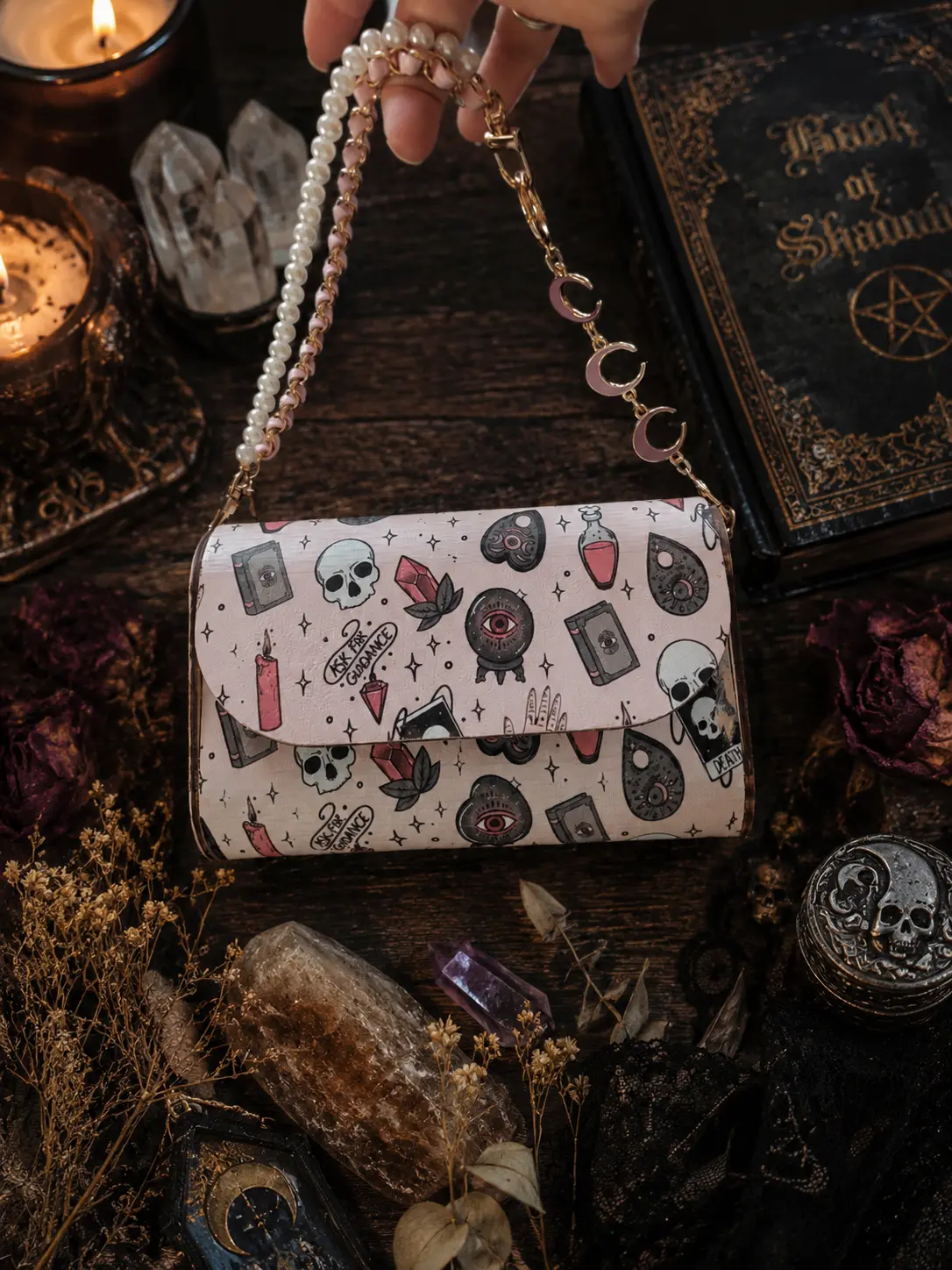 🩷 Witchy Pink Mystical Wooden Purse | Handmade Gothic Crossbody | Skull, Tarot & Crystal Cottagecore Bag