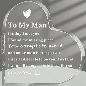 To My Man Gift, 1 Count Letter Pattern Acrylic Heart Shape Keepsake, Birthday Gifts for Boyfriend & Husband, Desktop Ornament for Home & Office
