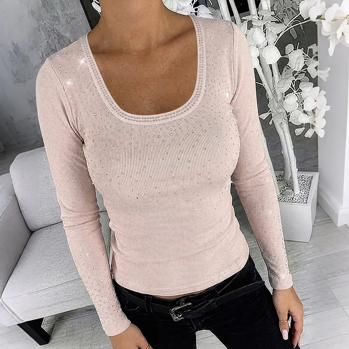 CHICME Women's Rhinestone Embellished Ribbed Long Sleeve Layering Top Slim Fit U-Neck Knit Tee Elegant Stretchy Pullover