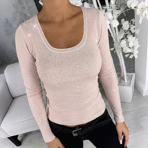 CHICME Women's Rhinestone Embellished Ribbed Long Sleeve Layering Top Slim Fit U-Neck Knit Tee Elegant Stretchy Pullover