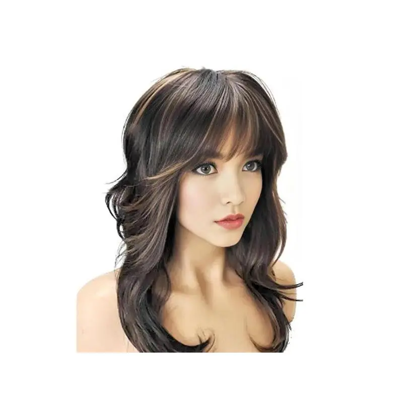 Brown with Strawberry Blonde Highlights Long Curly Hair Wig - Heat Resistant Synthetic Wig, Comfortable Cap, Everyday or Cosplay Wig