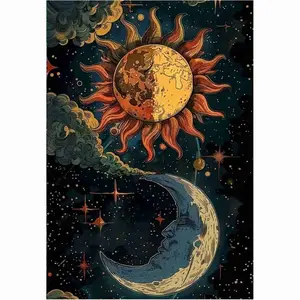 5D Full Drill Diamond Painting Kit - Vintage Celestial Sun & Moon with Starry Sky, Round Acrylic Diamonds, Boho Style DIY Art for Home Wall Decor, Ideal Gift for Astrology & Craft Enthusiasts