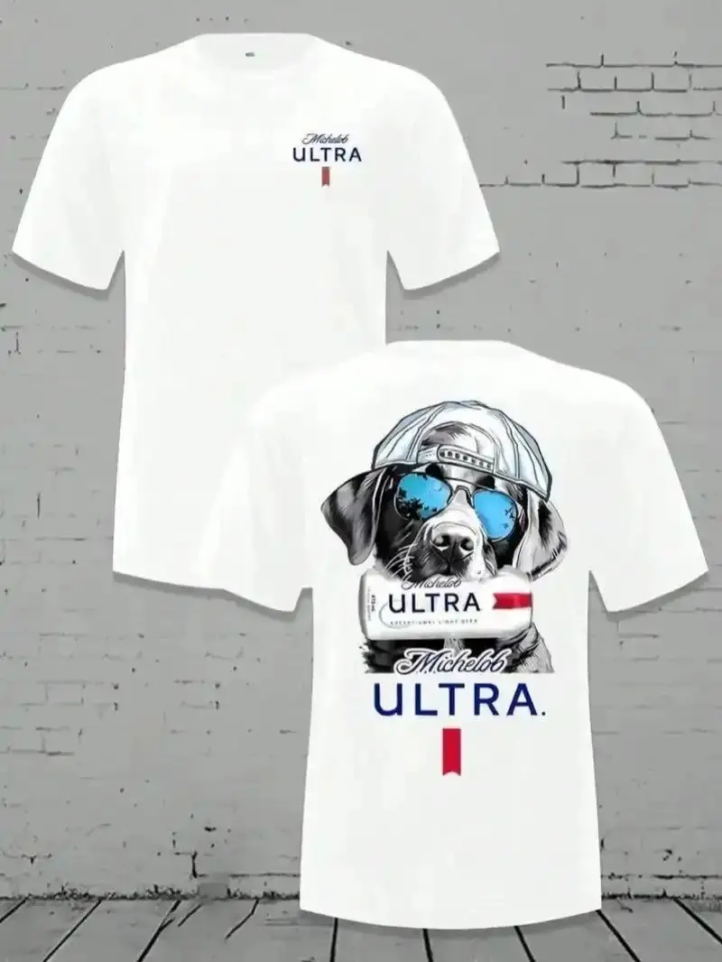 Michelob Ultra Cool Dog Men's Loose Fit T-Shirt, 180g Soft Cotton Short Sleeve Crewneck Tee, Casual Graphic Shirt with Sunglasses & Cap Design, Everyday Comfort Top Vintage Retro Y2k Tshirt
