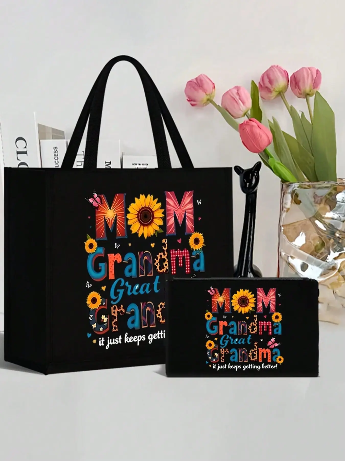 2-Pack Linen Handbags, Floral Patterns, Mom Grandma Great-Grandma Texts, Travel Cosmetic Bag, Large Capacity, Multifunctional, Gift Idea, Floral Tote Bag, Fashion Patterned Bag