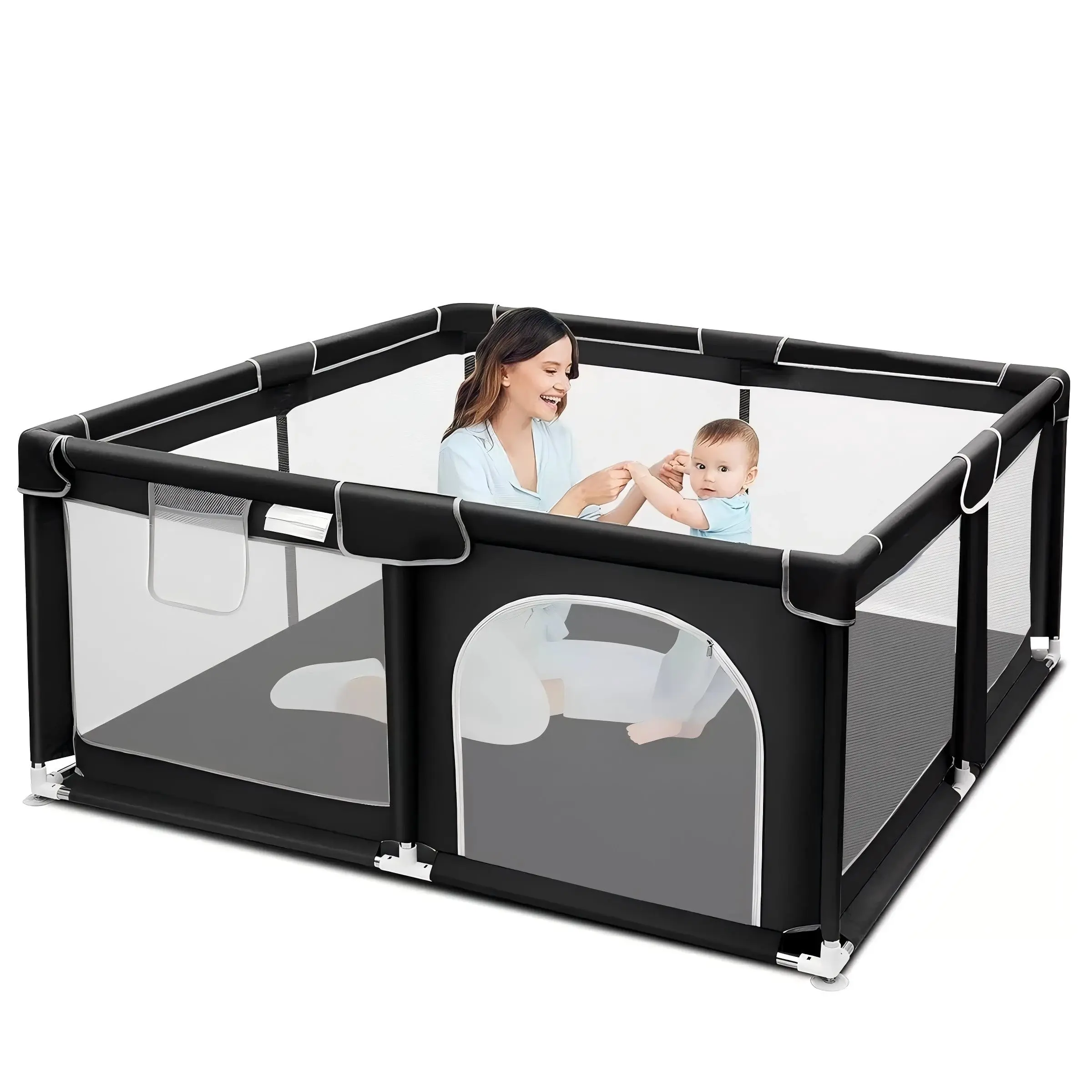 Baby Playpen, 360° Visibility Mesh Fabric, 47.2"x47.2"x25" Square Design, for 0-3 Years Indoor and Outdoor Use