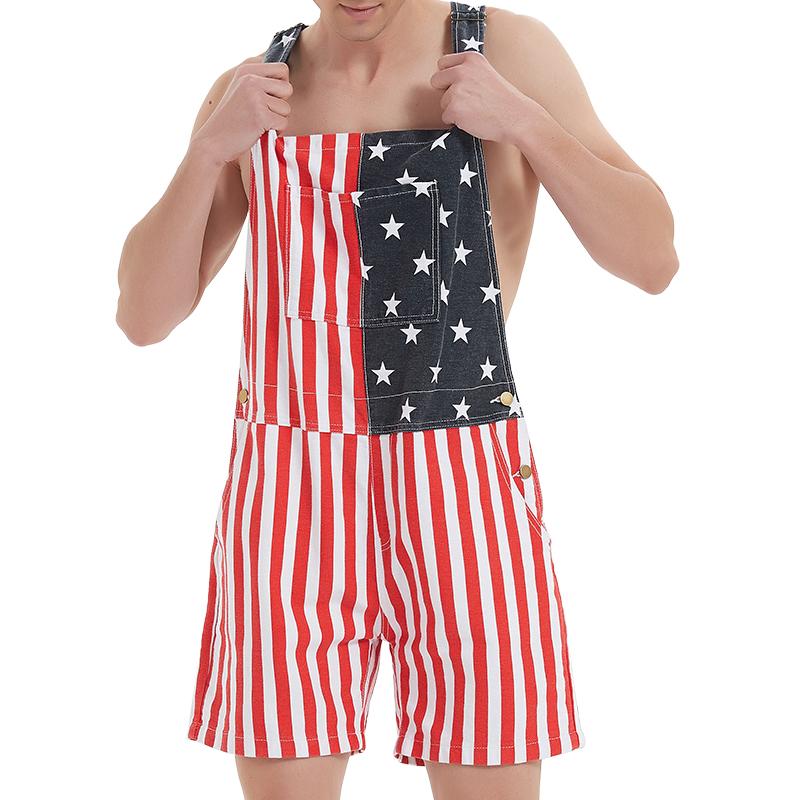 OPDNBON American Flag Overalls Men and Women Stretch Denim Bib Shorts USA 4th of July Outfit with Zipper