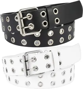 2 Pack Double Grommet PU Leather Punk Belt, 2 Hole Grommet Jeans Belt for Women & Men, Multi, Medium