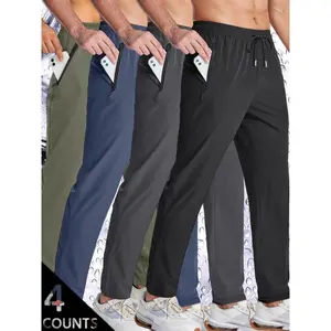 Men's 4-Pack Quick Dry Jogger Pants - Black, Grey & Navy Blue - Elastic Waist with Drawstring, Zipper Side Pockets, Tapered Fit - Lightweight Fabric - Perfect for Running, Gym, Outdoor Activities - S-4XL Sizes