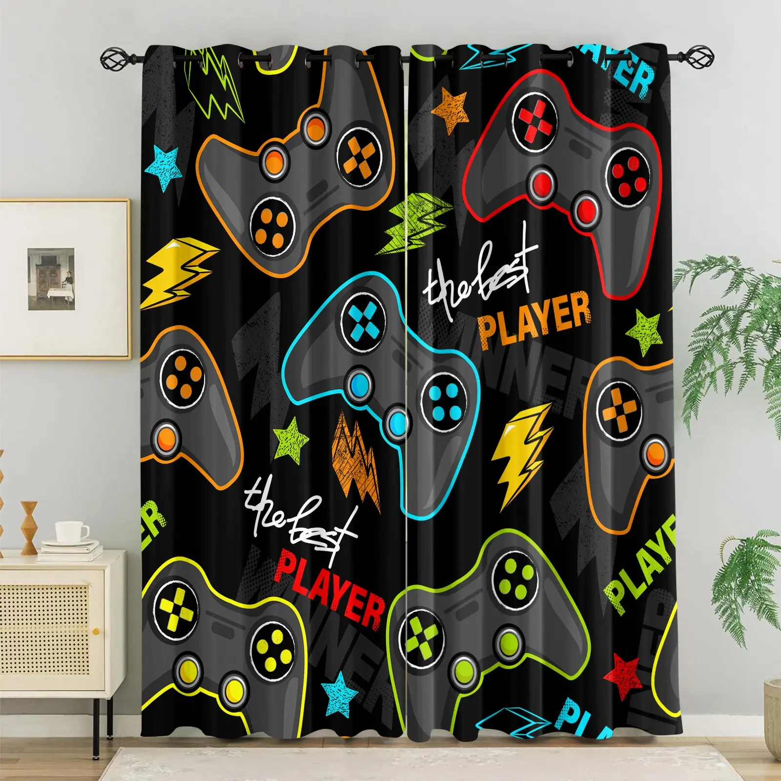 2pcs Street Style Gaming Controller Print Curtains, Pair Opening Decorative Curtains for Bedroom, Adjustable Decorative Curtains With Higher Shading Rate, Sunscreen and Thermal Insulation Grommet Curtains, Healthy and Eco-Friendly