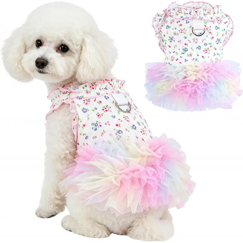 Summer Cute princess-style tulle dress for small dogs and cats, with D-ring ruffled netting tutu, suitable for small dogs such as Teddy Bear, Bichon Frise, Chihuahua, etc., Puppy Clothes