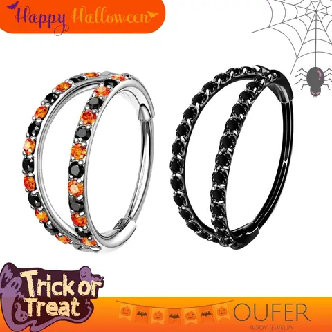OUFER Halloween 20G 316L Stainless Steel AAA+ Rhinestone Hinged Double Row Nose Ring - Hinged Nose Hoops, Hoop Piercing Jewelry, Dainty Gemstone Piercing Jewelry, 5mm-12mm Multi-Size Inner Diameter, for Conch, Helix