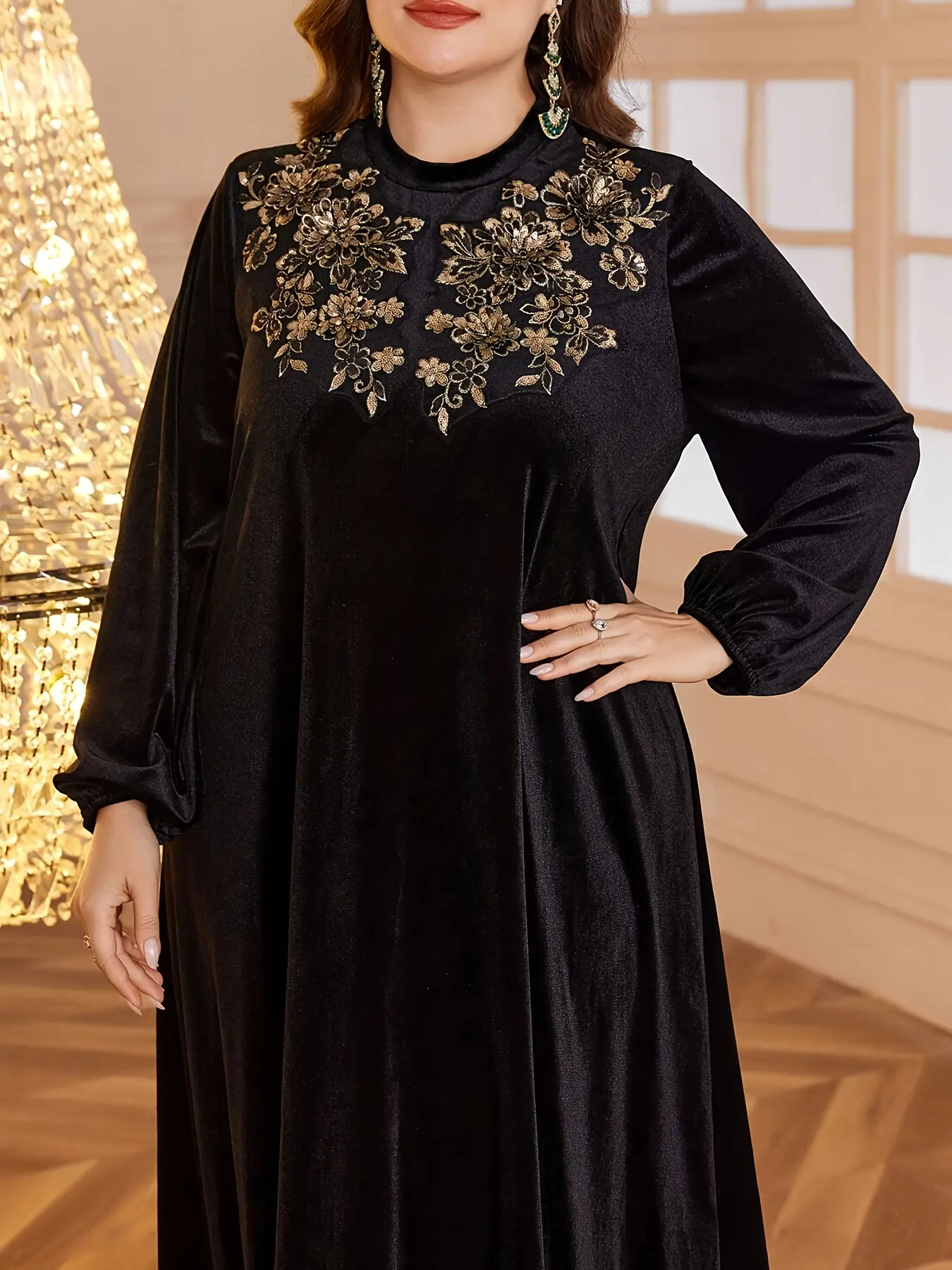 Elegant Plus Size Velvet Long Sleeve Dress, High Neck Embroidered  Patchwork, Fall Winter Fashion, Warm & Versatile, Womenswear, Lady