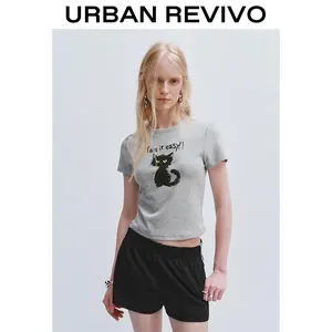 URBAN REVIVO Women's Cropped T-Shirt - Round Neck, Short-Sleeve, Playful Graphic Print, Heather Gray Casual Comfortable Clothes, UYV450095 Springtok Style Cropped Top