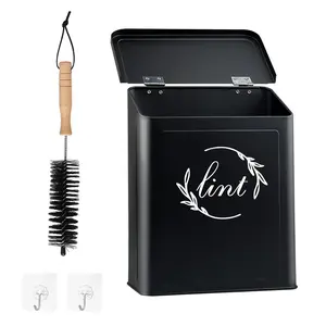 Lint Bin for Laundry Room, Metal Lint Trash Can with Lid for Dryer, Wall Mounted Lint Holder Box with Lint Brush, Modern Farmhouse Laundry Room Decor, Black
