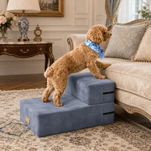 2PCS Foldable Dog Stairs and Cooling Neck Ring Set, Soft Foam Pet Steps for Bed Sofa, Washable Anti-Slip Pet Ramp for Small Dogs Cats
