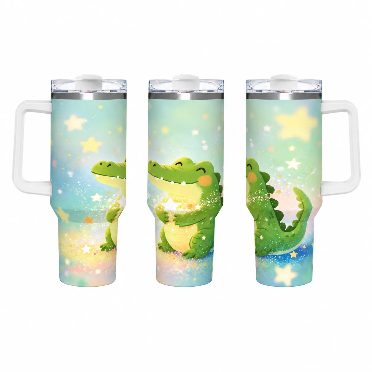 40oz Insulated Stainless Steel Water Bottle Tumbler - Casual, Large Portable, Leak-Proof Lid, Double Wall Heat Resistant, Handle, Kawaii Peeking Baby Crocodile/Starry Sky Glitter Gradient/Star Nebula Pattern Travel Cup (Home Supplies Storage Bottle)