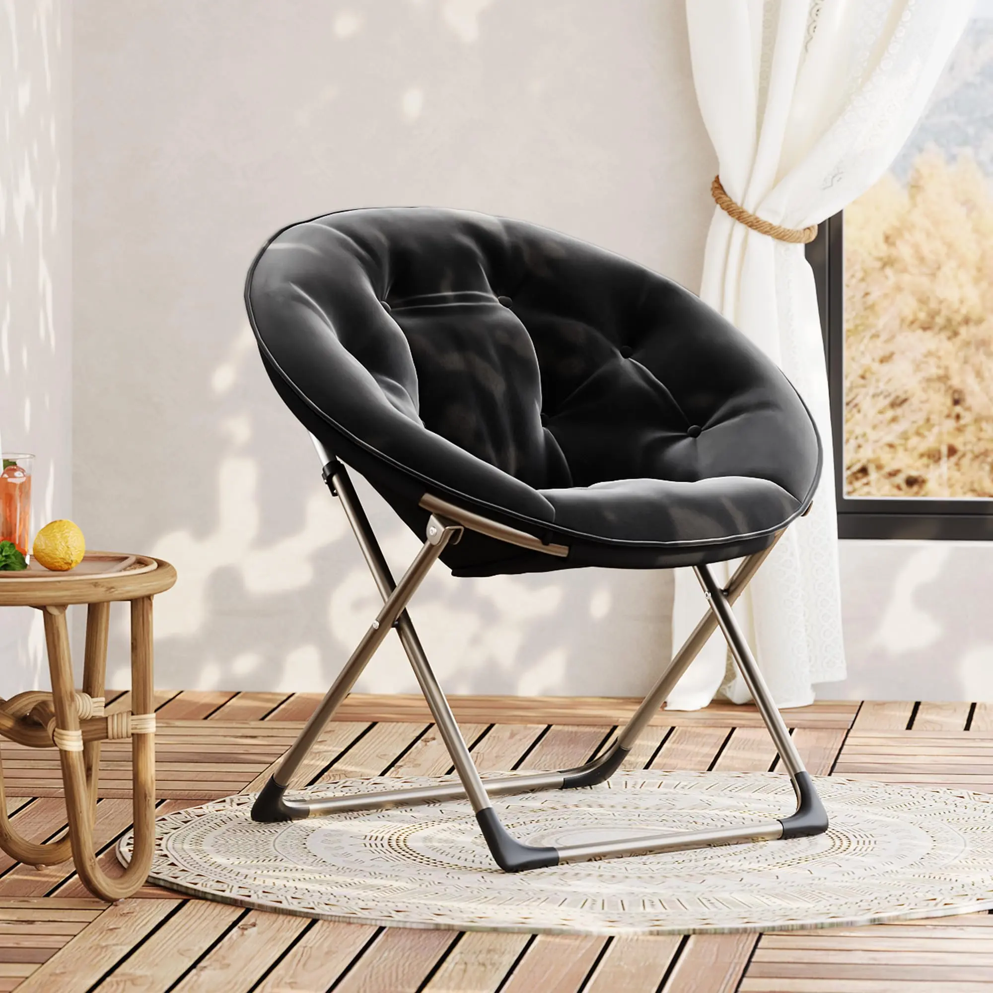 Comfy Oversized Saucer Chair–Soft Plush Fabric Reading Lounger for Adults, Stable X-Large Metal Frame Foldable Accent Lazy Chair for Bedroom, Black