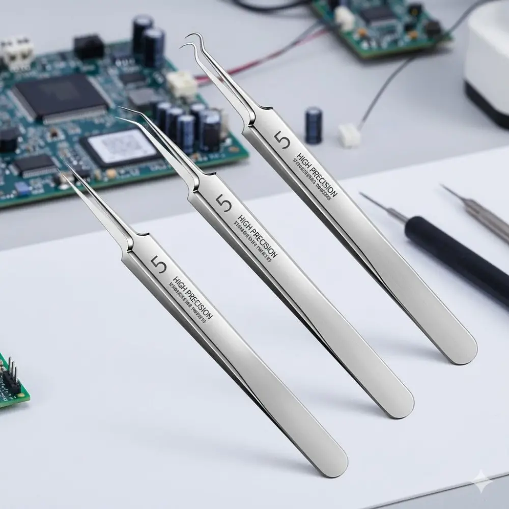 High Precision Stainless Steel Tweezer for Electronics Repair, Jewelry Making, Soldering & Crafts. Non-Magnetic, Anti-Static, Fine Point Professional Tool, Hand Tools