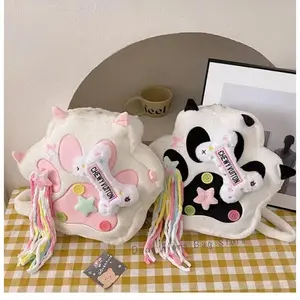 Kawaii Fashion women's Backpack Y2K Patchwork Furry Paw Rucksack Cute Plush Shoulder Crossbody Bags Female Tassels Star Knapsack