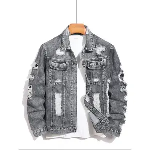 Men's Distressed Ripped Denim Jacket, Fashion Comfy Longsleeves Outerwear for Daily Wear, Men's Clothing for All Seasons, Cotton Menswear, Casual Style Outerwear, Casual Fall Jacket, Casual Jacket Coat, Clothe, Vintage Street Wear