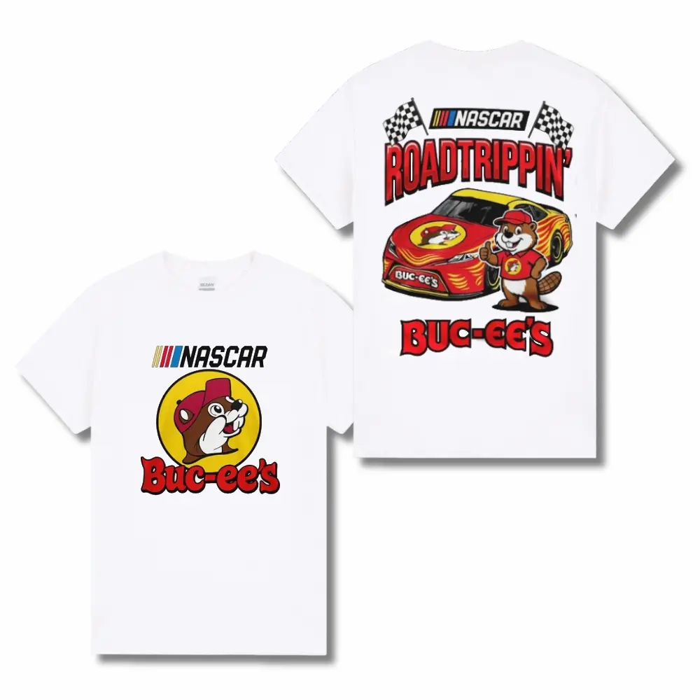 Buc-ee’s Road Trippin Racing Beaver Graphic T-Shirt USA – Double Sided Funny Travel Shirt for Men