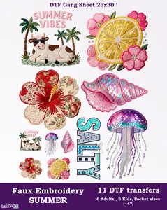 Faux Embroidery Summer DTF Gang Sheet: 11 Ready To Press Transfers - 23x30