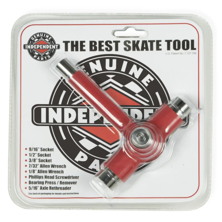 Independent Unisex All-in-1 T-Style Skateboard Tool Set with Bearing Press, Axle Re-threader, Multiple Sockets, 1/8” Allen Wrench - Red