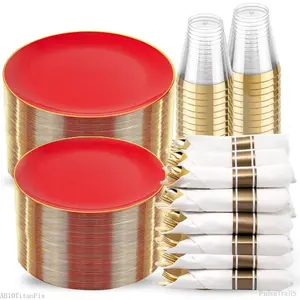 350PCS Red Plastic Plates - Heavy Duty Red Plates Disposable - 50Guest Christmas Dinnerware Include 50Dinner Plate,50Dessert Plate,50Pre Rolled Napkins with Silverware for Christmas&PartyPulseTrail5AB10TitanFix