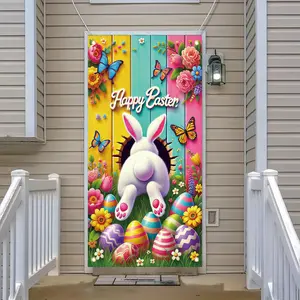 2D banner 1pc, Party Decorations Banners, Happy Easter Door Cover Decoration Easter Eggs Bunny Banner Backdrop Photography Easter Bunny Door Cover Banner Polyester Fabric HomeDecor Holiday Parties Decorations Cartoon Animal Theme
