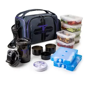 Insulated Meal Prep Lunch Box with 6 Food Portion Control Containers - BPA-Free, Reusable, Microwavable, Freezer Safe - With Shaker Cup, Pill Organizer, Shoulder Strap & Side Pocket