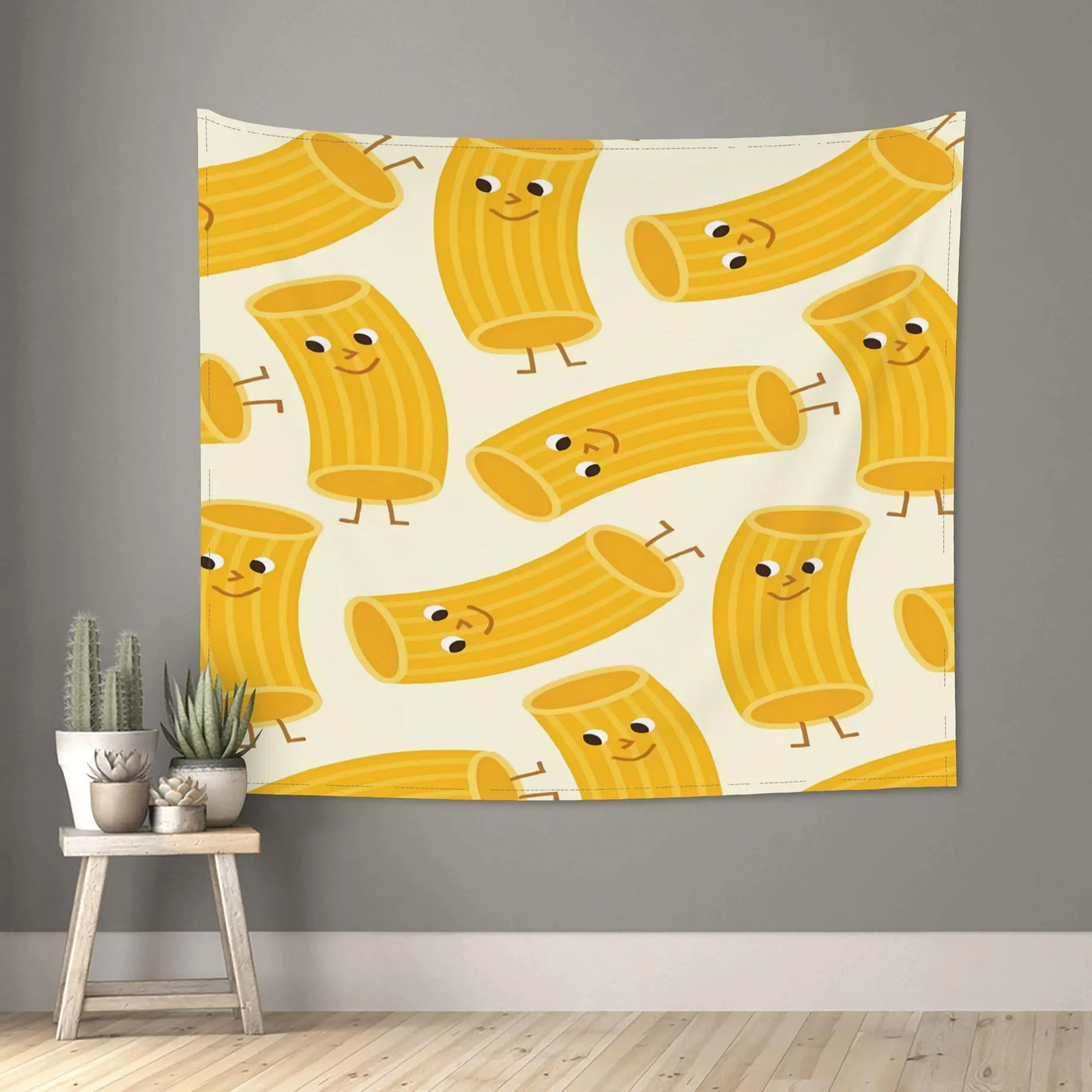Rectangular Italian Theme Pasta Rigatoni Tapestry Wall Hanging Mat - 1pc Durable Microfiber Cloth, 51x60 in Beige & Mustard-Yellow, Cute Smiling Noodle Design, Machine Wash Cold, Ideal for Italian Kitchen, Photo Backdrop
